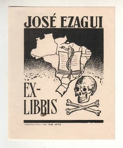 Ex Libris Medicine Skull Alberto Lima Dr. José Ezagui 1948 Bookplate - Picture 1 of 1
