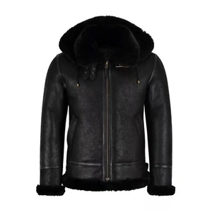 BLACK Men's Classic B3 Real Sheepskin Jacket Hooded Aviator RAF Bomber Flying - Picture 1 of 4