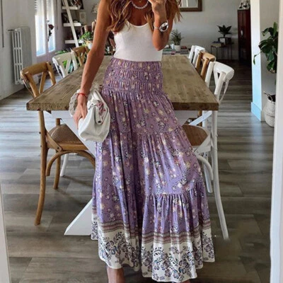 Mujeres Boho Floral Largo Maxi Falda Damas Elástico Playa Volantes Vestido Columpio Foto 1 de 4