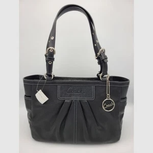 Coach Black Leather Pleated East West Gallery Tote Bag Lavendar Purple Lined NWT - Picture 1 of 18