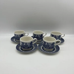 (5) Churchill Blue Willow Large Flat Cup Saucer Set England Blue White Set Of 5 - Picture 1 of 22