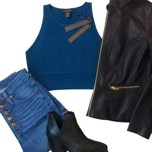 NWT House of Harlow Luxe Essentials Teal Blue Rib Knit Cropped sweater / vest L - Picture 1 of 6