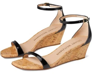 Stuart Weitzman Nudistcurve 50 Sandals Womens 7.5 Black Ankle Strap Wedge KHD070 - Picture 1 of 10
