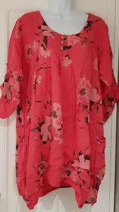 Womens Made In Italy Pink Floral Asymmetric Baggy Lagenlook Pure Linen Top M. - Picture 1 of 8