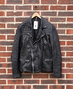 All Saints Mens REPLICA Leather Biker Jacket Large Moto Bomber Rock 4 - Picture 1 of 20