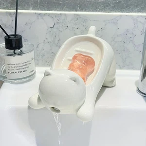 Soap Dish Cat Shape Cartoon Drain Soap Box Bathroom Dish Box Plastic Container - Picture 1 of 12
