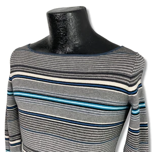 Neu ohne Etikett Gap Damenpullover kleiner U-Boot-Ausschnitt grau blau weiß gestreift Baumwoll-Seidenmischung - Bild 1 von 13