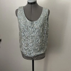 Vintage 60er Jahre Aqua Blau Pailletten & Perlen Fransen Ärmellos Top DISCO NEUJAHR - Bild 1 von 13