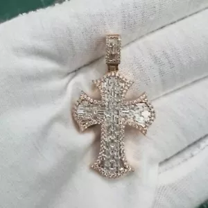 14K Rose Gold 1.80 Ct Diamond Cross Necklace, Natural Diamond Pendant - Picture 1 of 9