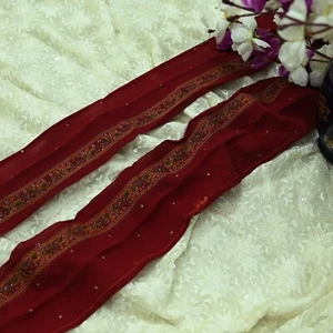 Vintage Red Sari Border Hand Embroidered Craft Trim Lace Sewing Sari Ribbon 1yd - Picture 1 of 13