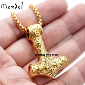 MENDEL Mens 10k Gold Plated Viking Thors Hammer Mjolnir Pendant Necklace For Men