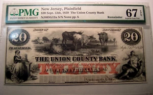 BILLETE DE BANCO 1859 $20 OBSOLETO~UNION COUNTY BANK, NUEVO EN CAJA EXCELENTE GEMA UNC. PMG 67 EPQ* - Imagen 1 de 3