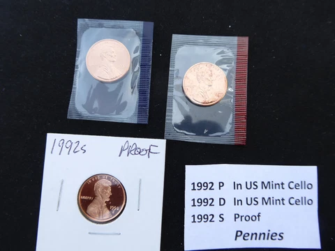 1992 Lincoln Cent 3 Coin Set- S(Proof), P & D in US Mint Cello -	FREE SHIPPING!! Cover