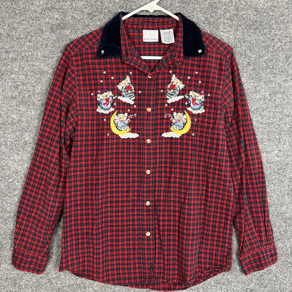 VINTAGE BOBBY BROOKS Christmas Shirt Flannel EMBROIDERED Angels bear S(4/6) - Image 1 of 4