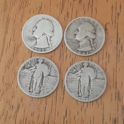 Lot of 4 ~ 90% Silver Coins Standing Liberty Washington Quarters Constitutional Cover
