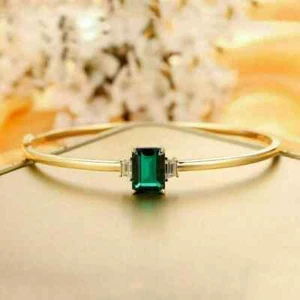 2Ct Emerald Cut Lab Created Emerald Women Bangle Bracelet 14K Gold Plated Silver - Picture 1 of 5
