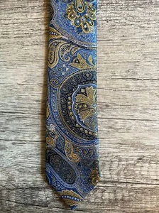 PUCCINI Tie - Blue And Gold Paisley Microfiber Necktie - Men's Skinny Slim - Picture 1 of 3