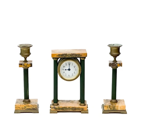 3pc French Depose Clock Garniture Orange Marble & Gilt Metal Early 20th century Cover