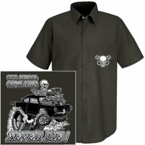 HENRY J KAISER OLD SCHOOL MUSCLE HOT ROD OUTLAW GASSER DRAG CAR SKULL WORK SHIRT - Picture 1 of 24