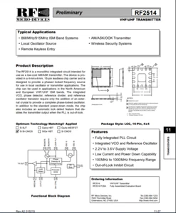 10 pieces RF2514 AM/ASK/OOK Transmitter 100MHz to 1000MHz Fully Integrated PLL - Foto 1 di 1