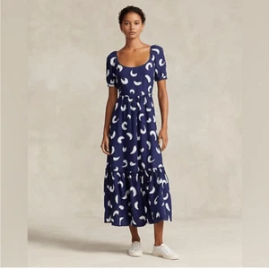 Polo Ralph Lauren Maxikleid Pinselstrich Motiv Abstrakt Leinen Marine Stufen 14 - Bild 1 von 9