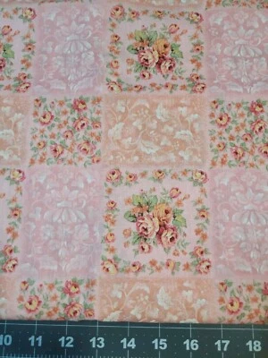 Patchwork Pink Peachy Pink Cabbage Roses Damask Leafy Cotton Quilt Fabic BTY - Image 1 of 4