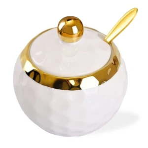 Keramik Zuckerdose mit Deckel Löffel Golf Design Porzellan Salzbehälter weiß - Bild 1 von 7