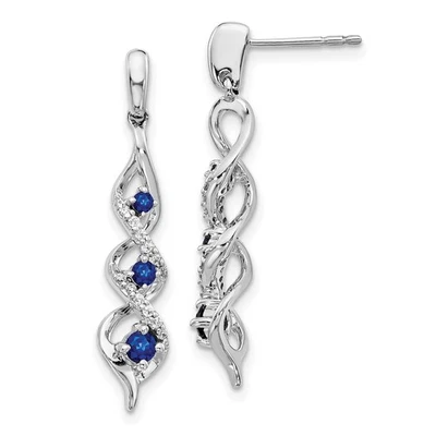 10k White Gold Diamond and Blue Sapphire 3 Stone Post  Drop & Dangle Earrings - Image 1 of 2