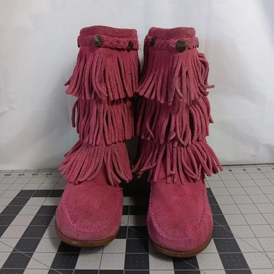 Minnetonka 3 Layer Fringe Boots Pink Leather Suede Moccasins Girls 3 Zippered - Image 1 of 4