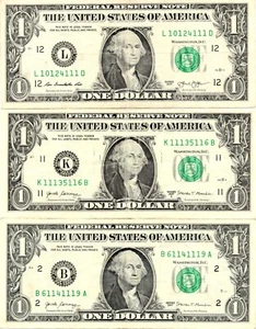 Lote de 3 billetes de dólar número uno serie de lujo de cinco de una clase 1 - Imagen 1 de 2