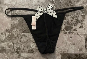 NWOT VICTORIA'S SECRET L BLACK WHITE POLKA DOT BOW VINTAGE RARE V STRING PANTIES - Picture 1 of 3