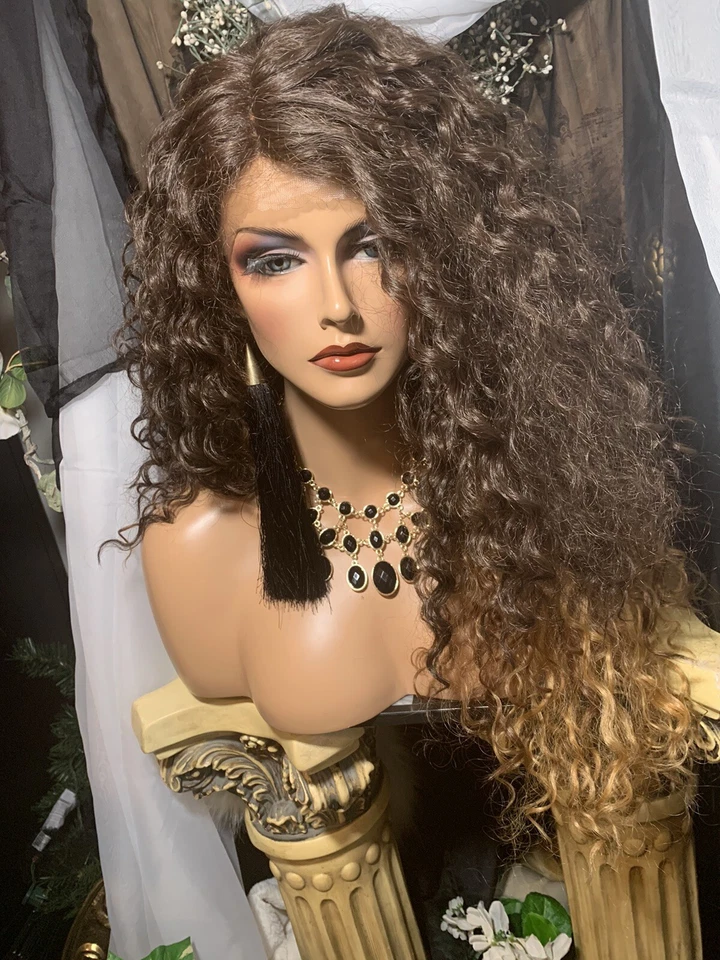 "Mezcla rubia ombré marrón enraizado de 30"", frente de encaje con parte lateral, rizo en espiral Wi" Foto 1 de 4