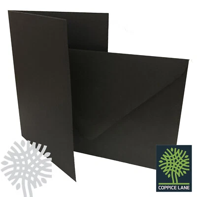 COPPICE LANE 155mm Square 6" Premium Black Card Blanks & Envelopes - Pre Creased - Cardmaking