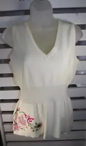 Joseph A. Size L Off White Sleeveless Floral Embroidery Shell Knit Viscose Top - Picture 1 of 10