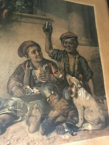 Antica stampa con cornice - primi '900 - Più felici di un re - Bambini /cane - Foto 1 di 8