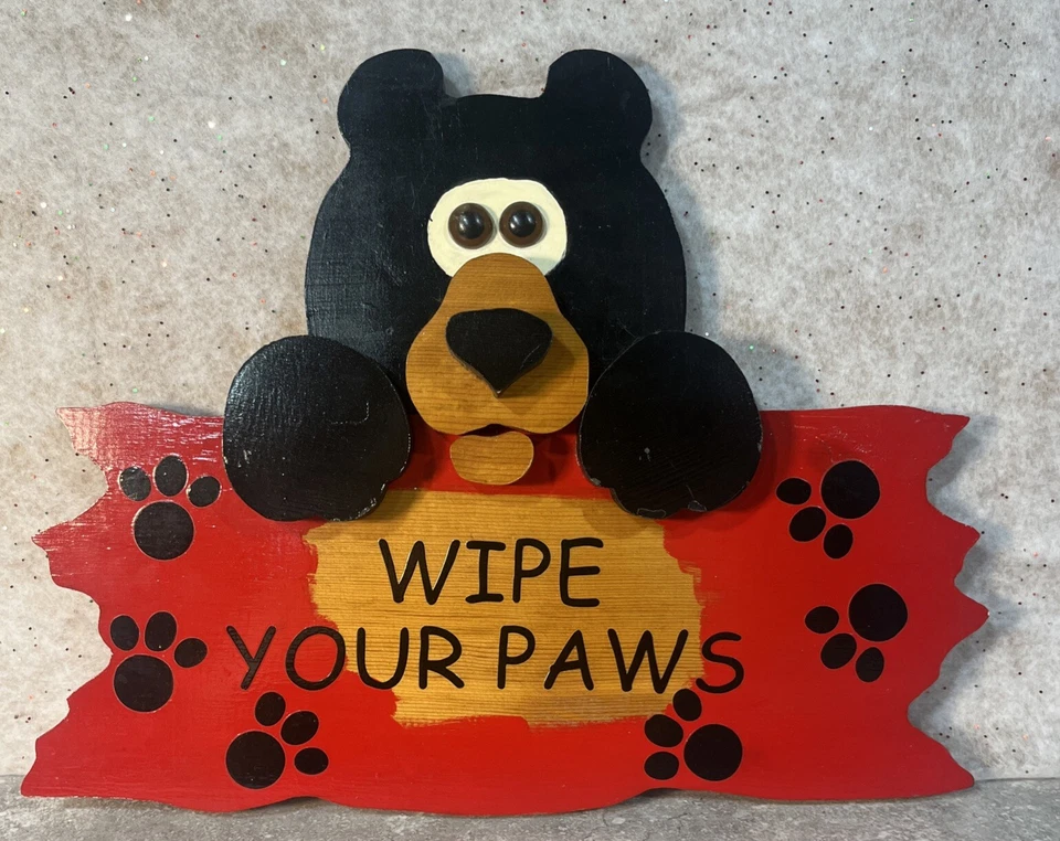 Vintage Rustic HandMade Wooden “Wipe Your Paws” Sign 3D Black Bear Cabin Cottage - Image 1 of 4