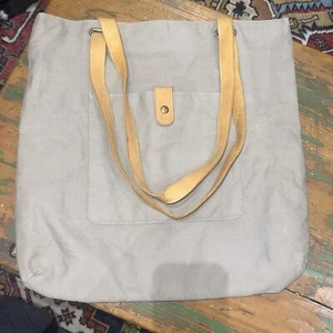 HEARTH & HAND with MAGNOLIA GRAY CANVAS TOTE W/LEATHER ACCENTS ~ Excellent - Picture 1 of 11