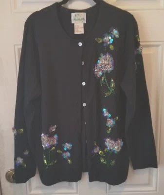 Quacker Factory M Black Floral cotton Cardigan 3D Beaded Sequin Iridescent PA460 - Image 1 of 4