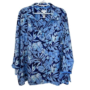 Liz Claiborne 100% Linen Popover Top Size 2X Blue Palm Floral Collar 3/4 Sleeve - Imagen 1 de 10