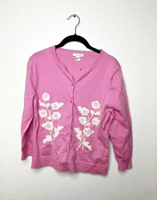 Cárdigan suéter rosa para mujer Garnet Hill bordado flores blancas talla mediana Foto 1 de 4