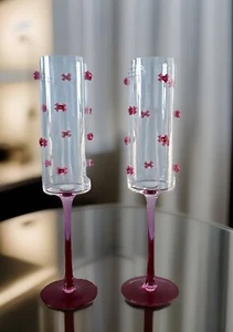 Coquette Pink Bow Gem Champagne Wine Glass SET OF 2 - Picture 1 of 9