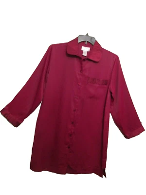 Cabernet Sleepwear Satin Sleep Shirt Silky Cran Red Button Up Long Sleeve Size S - Image 1 of 4