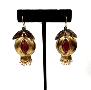 POMEGRANATE VNTG EARRINGS NATURAL STONES PEARLS POLISHED BRASS LRG PIERCED SIGND - Picture 1 of 13