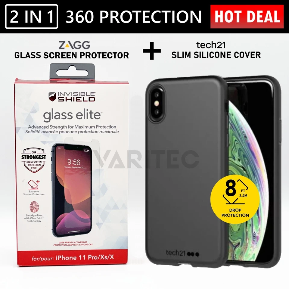 Protetor de tela de vidro Zagg X/XS + capa traseira de gel Tech21 para Apple iPhone X XS - Imagem 1 de 1