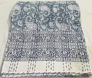 Indian Hand Block Floral  Kantha Quilt Bedspread Throw Cotton Blanket QUEEN Size - Picture 1 of 3