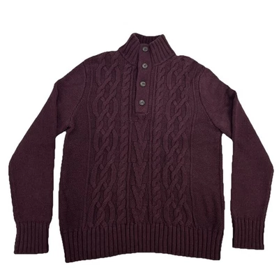 Banana Republic Sweater Men's L Bordeaux Fisherman Cable Knit Henley Grandpa Dad - Image 1 of 4