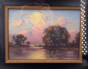 John Colin Forbes Sunset Near Lake and Trees Oil Original Wood and Gold Frame - Picture 1 of 3