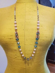 NEIMAN MARCUS 34" BEADED MULTICOLORED NECKLACE W/2 3/4" DANGLE PIERCED EARRINGS - Picture 1 of 7