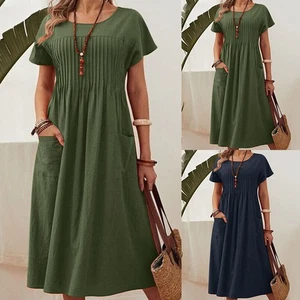 Women Plain Swing Tunic Tops Ladies Short Sleeve Casual Loose Pleated Midi Dress - Picture 1 of 13