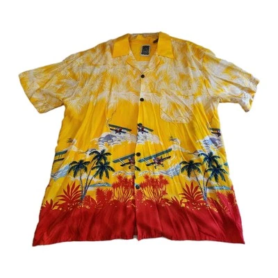 Ocean Current 复古原装夏威夷男式 M 黄色飞机日落阿罗哈 — 第 1/4 张图片
